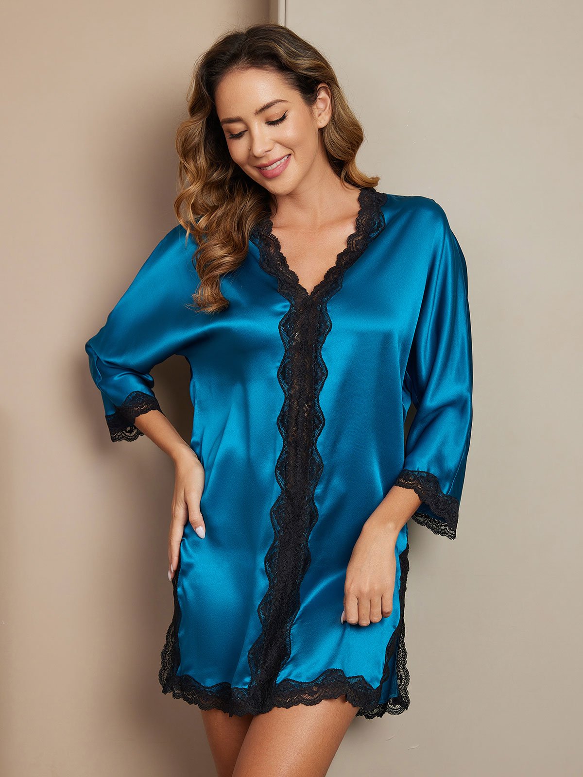 Pure Silk Elegant 3/4 Sleeve Lace Trimmed Nightgown