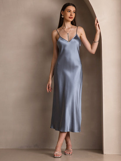 Pure Silk Solid Color Spaghetti Strap Long Dress