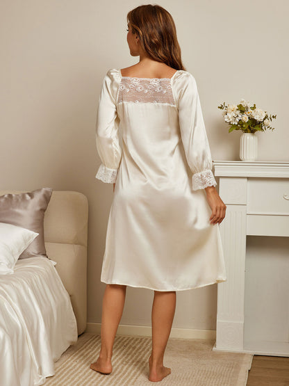 Pure Silk Women's Silk Lace Long Sleeve Midi Nightgown