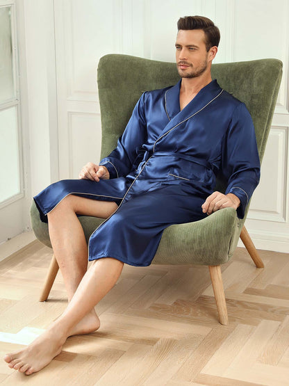 Pure Silk Piping Trim Belted Mens Robe