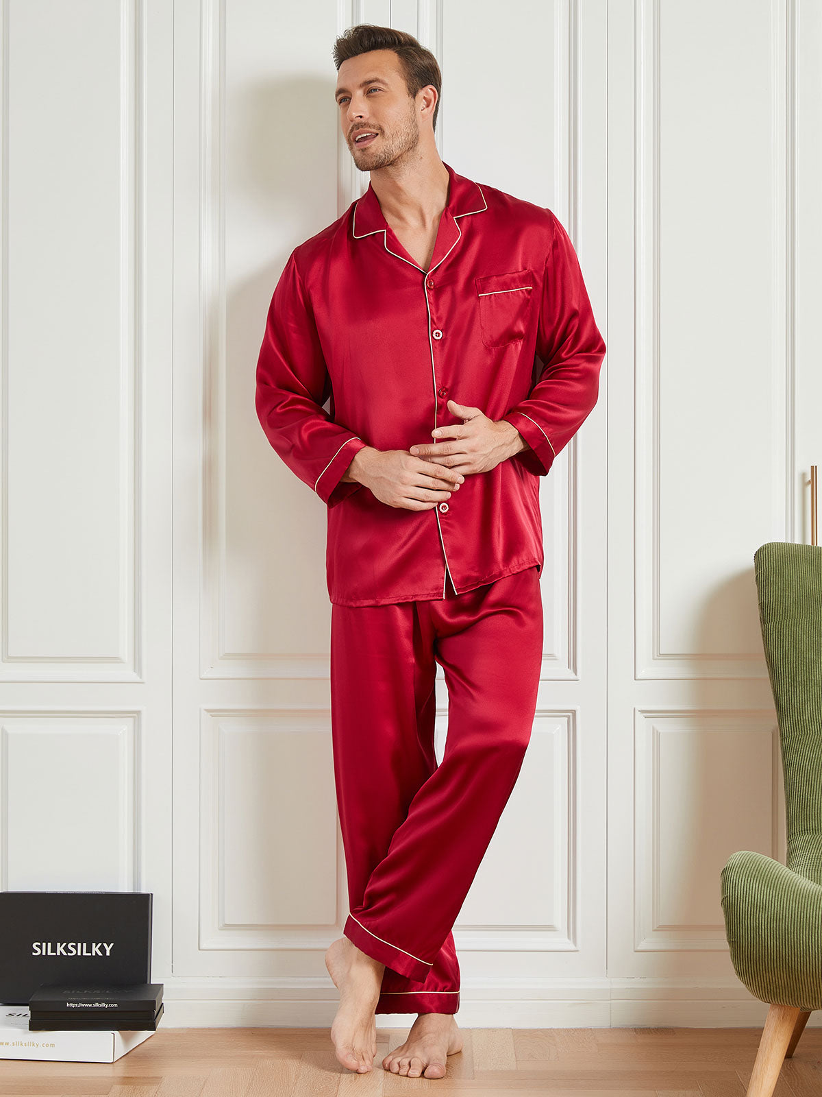 Silk Men's Lapel Long Sleeve Pajamas Set