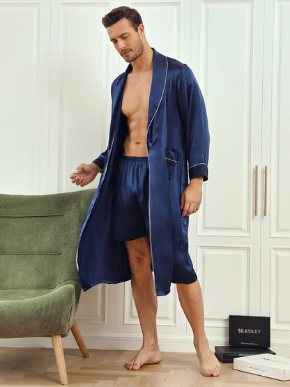 Pure Silk Piping Trim Belted Mens Robe + Shorts 2Pcs