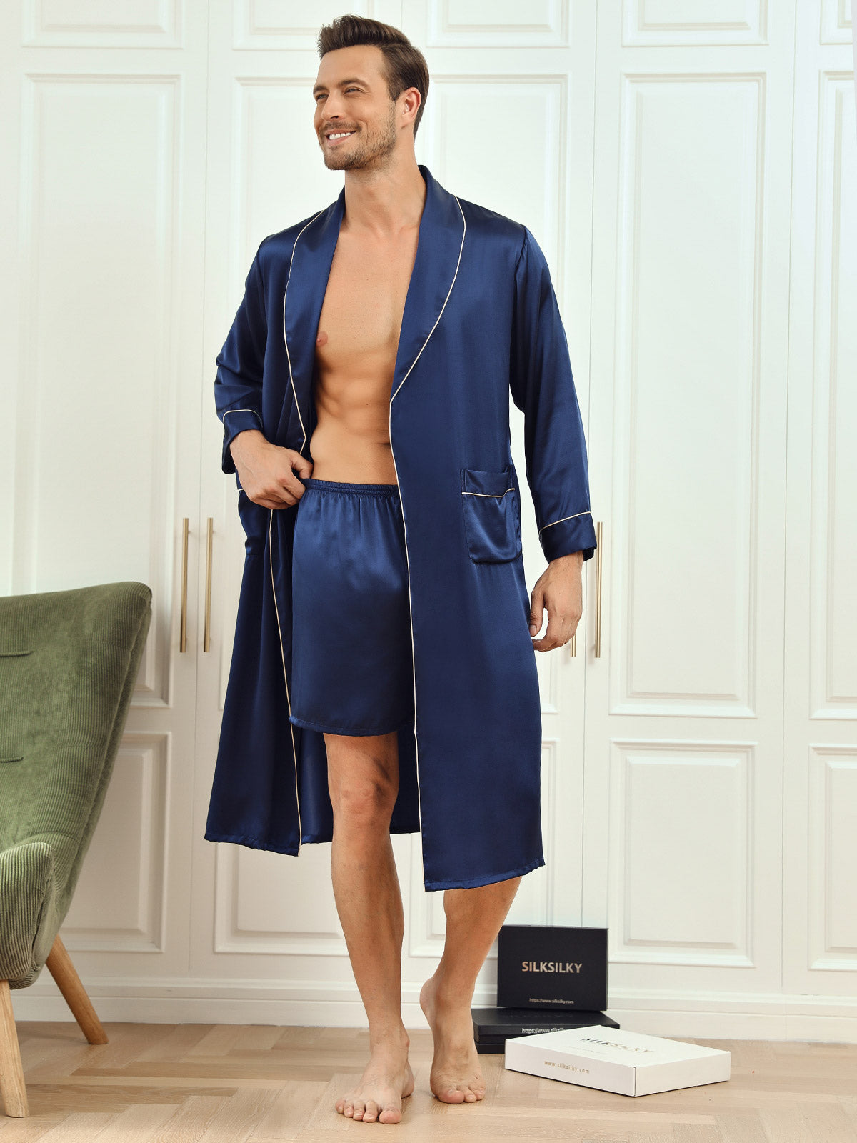 Pure Silk Piping Trim Belted Mens Robe + Shorts 2Pcs