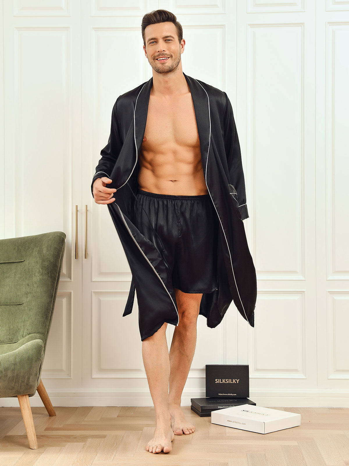 Pure Silk Piping Trim Belted Mens Robe + Shorts 2Pcs