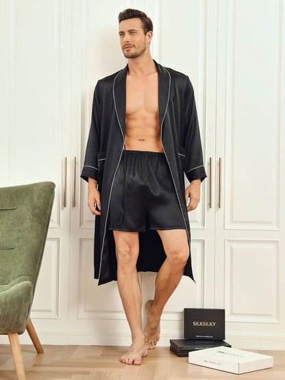 Pure Silk Piping Trim Belted Mens Robe + Shorts 2Pcs