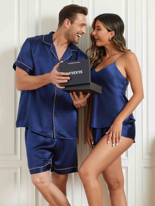 Couple Pure Silk Short Pajama Sets Total 4Pcs