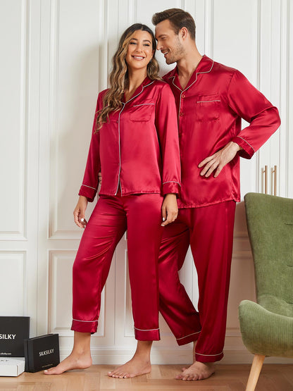 Couple Pure Silk Long Pajama Sets Total 4Pcs