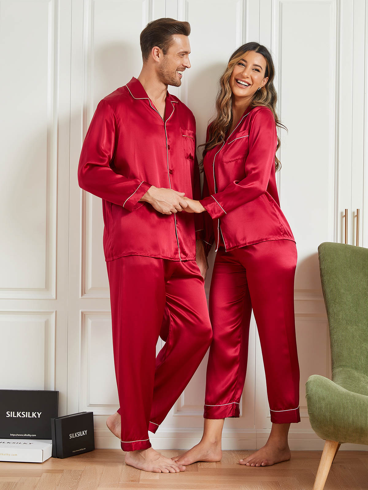 Couple Pure Silk Long Pajama Sets Total 4Pcs