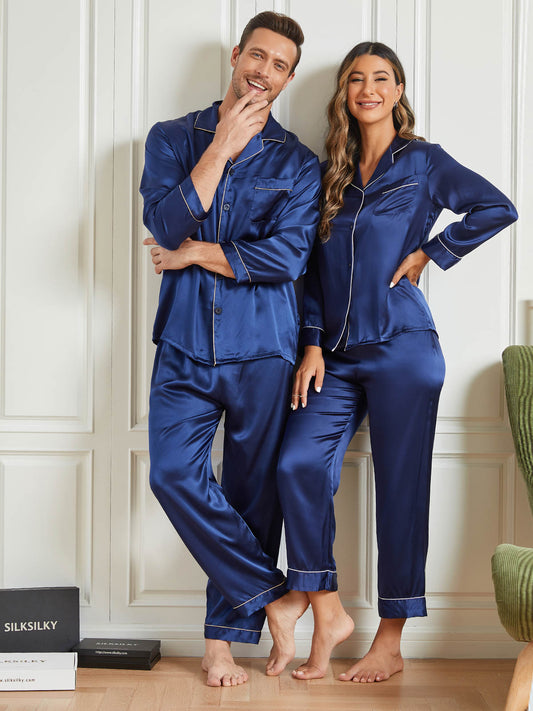 Couple Pure Silk Long Pajama Sets Total 4Pcs