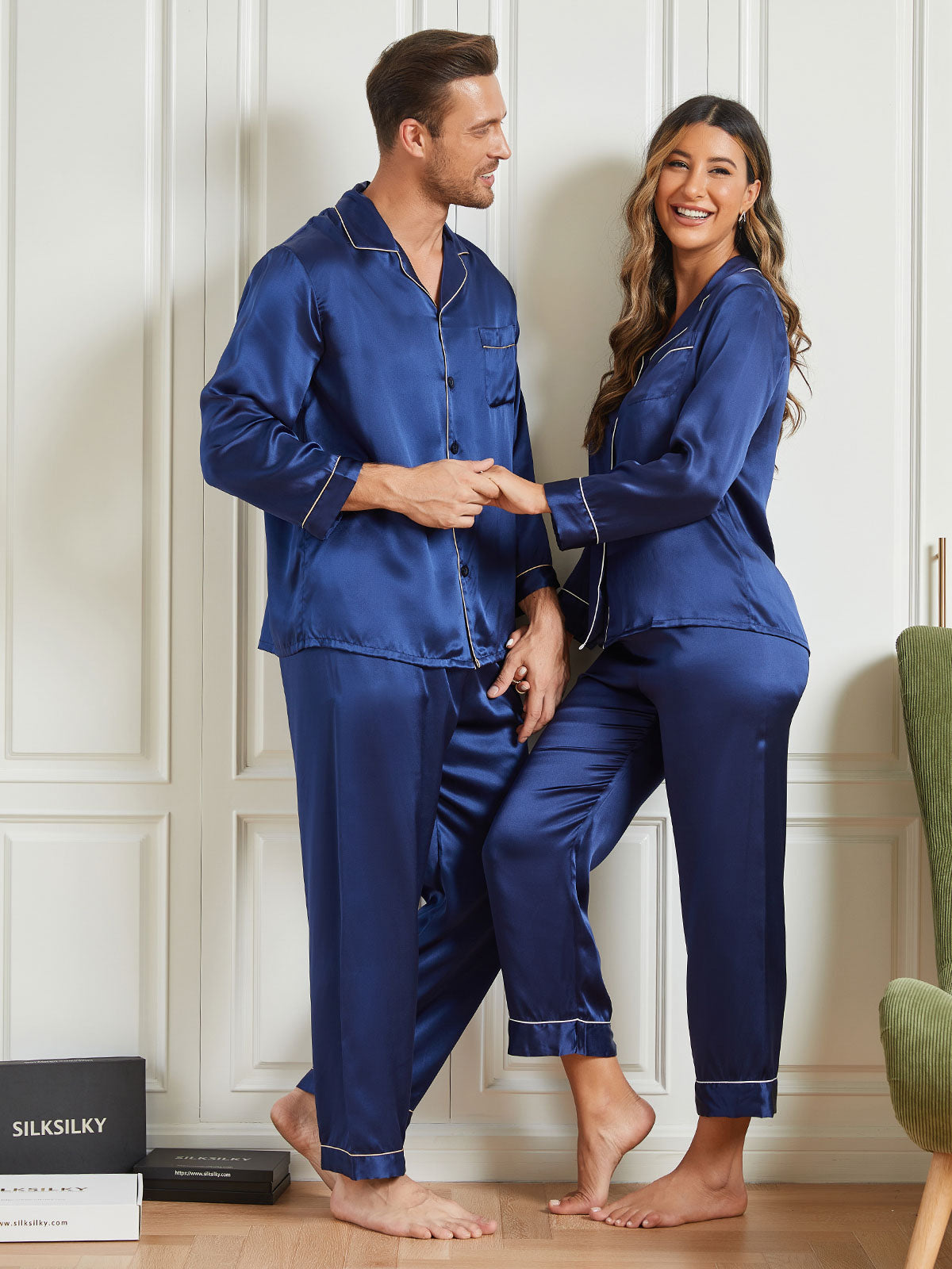 Couple Pure Silk Long Pajama Sets Total 4Pcs