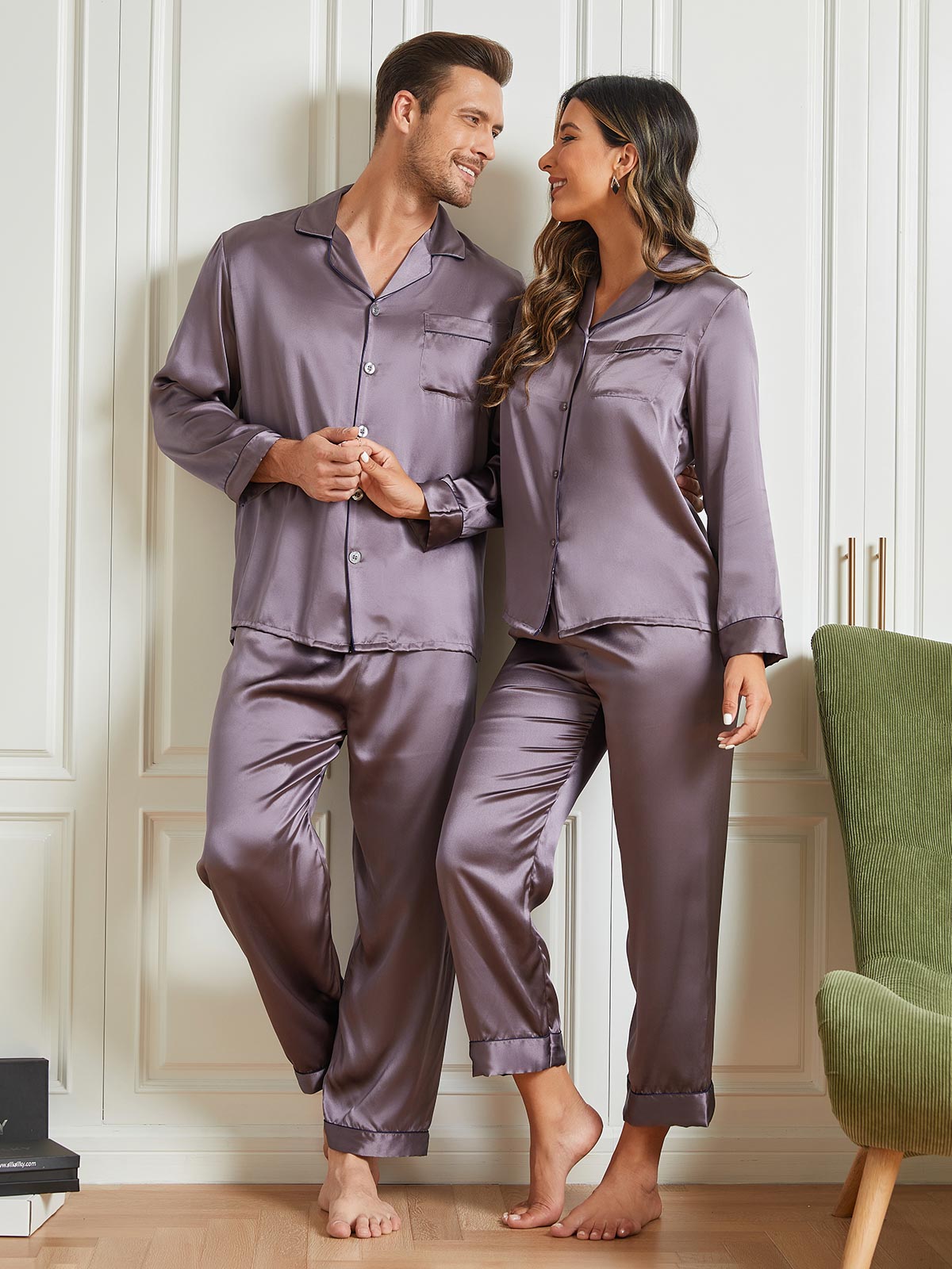 Couple Pure Silk Long Pajama Sets Total 4Pcs