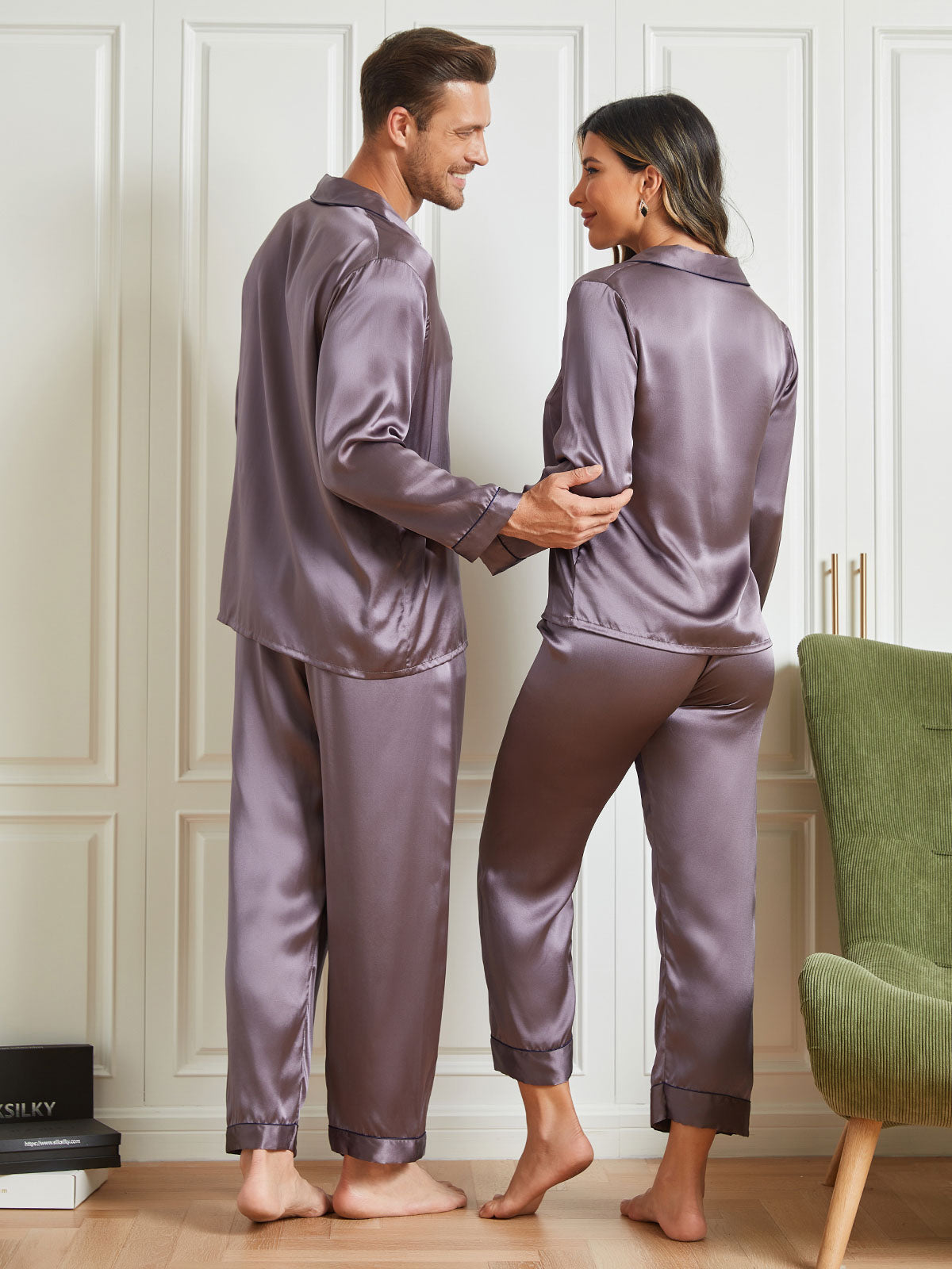 Couple Pure Silk Long Pajama Sets Total 4Pcs