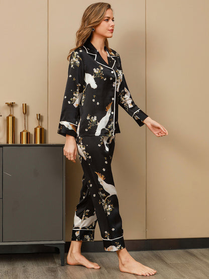 Plant Printed Pure Silk Pajamas Set 2Pcs