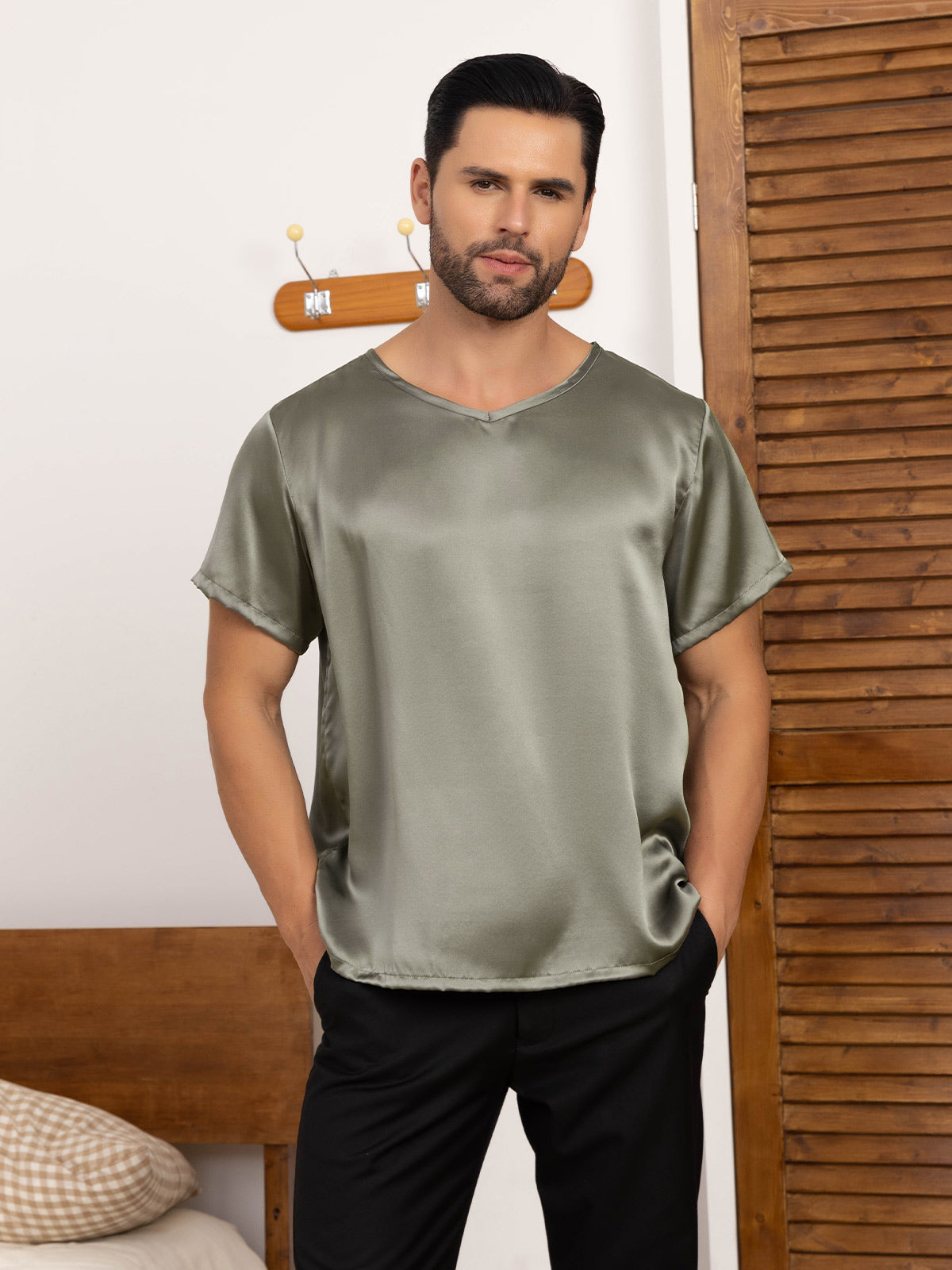 Pure Silk Short Sleeve V-Neck Men's Tee