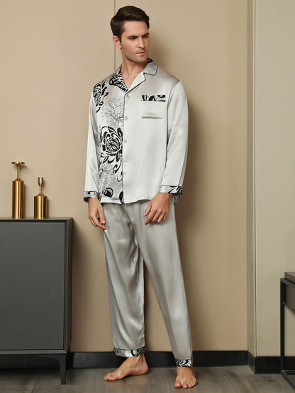 Pure Silk Men‘s Floral Printed Lapel Pajama Set