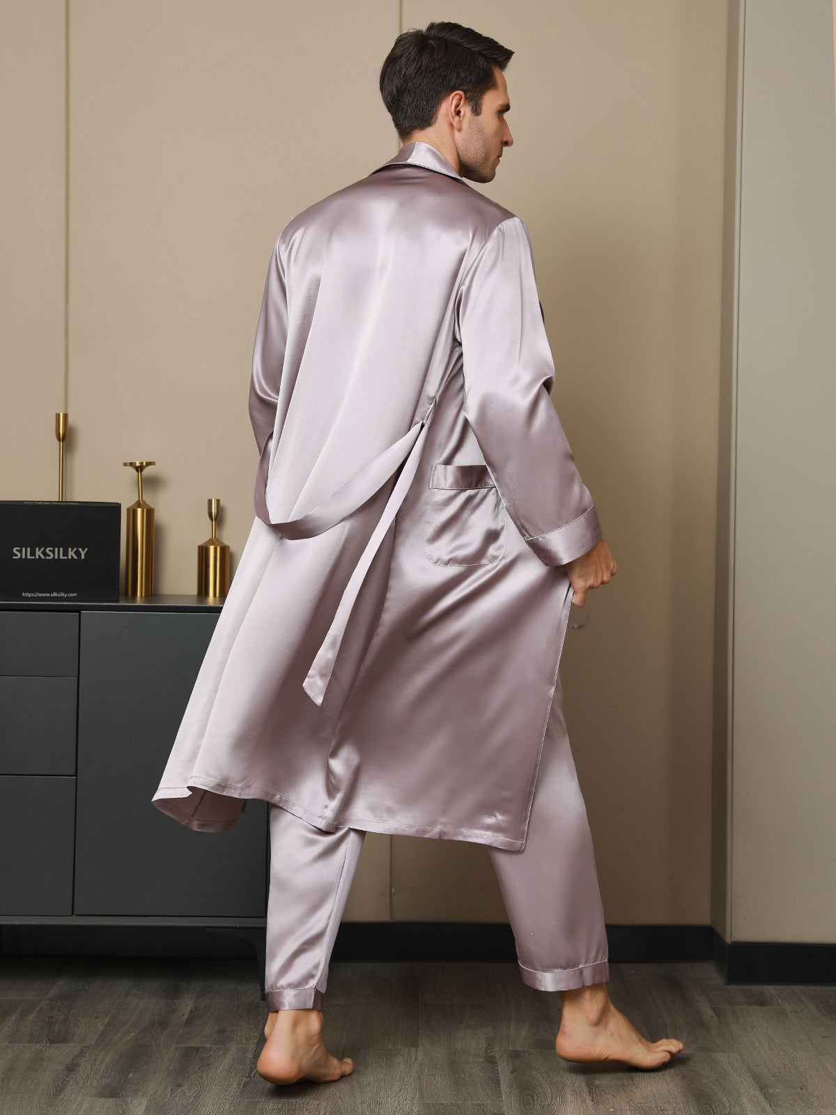 2Pcs Pure Silk Lapel Collar Belted Robe & Pants Set