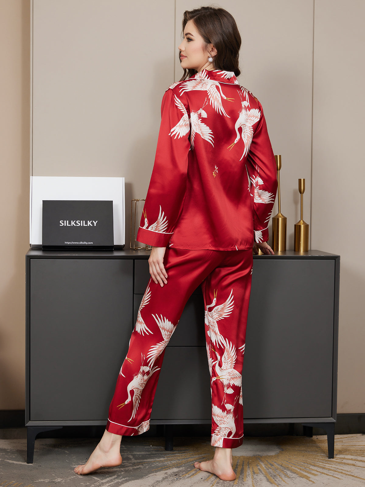 19Momme Pure Silk Printed Classic Binding Trim Womens Pajama set