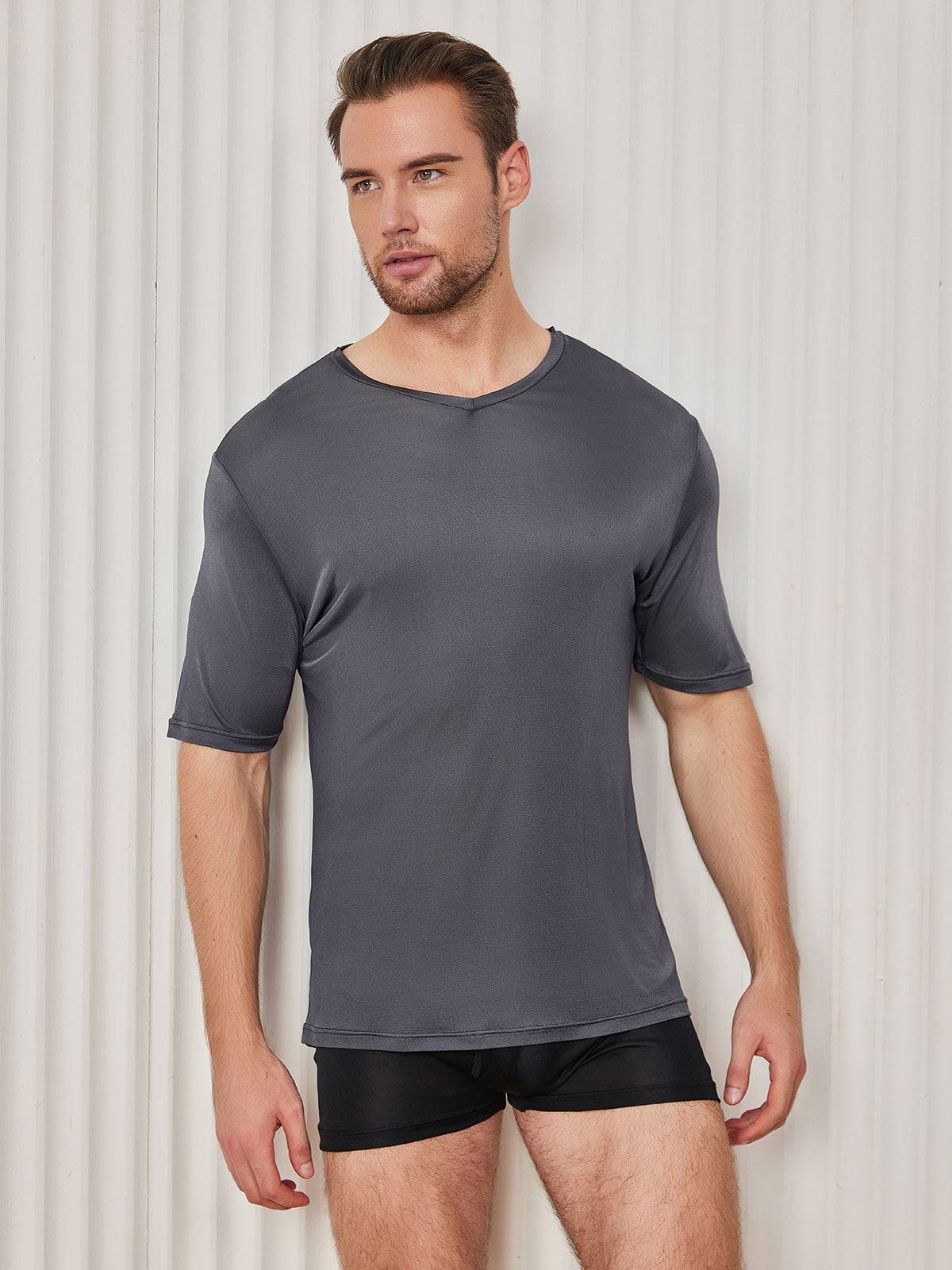 Mens Basic V-Neck Silk Knitted Tee