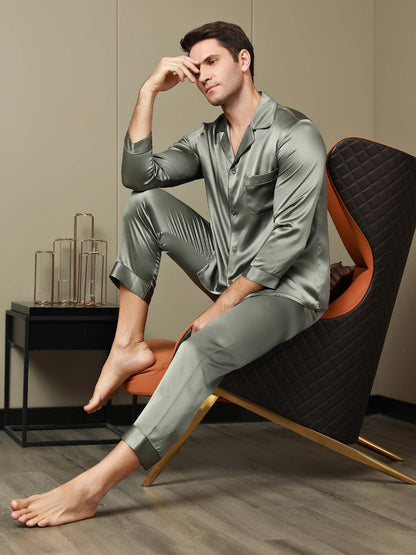 Pure Silk Men's Lapel Pajama Set 2Pcs