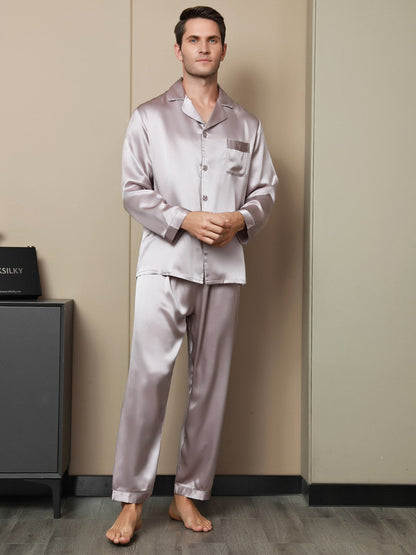 Silk Men's Lapel Long Sleeve Pajamas Set