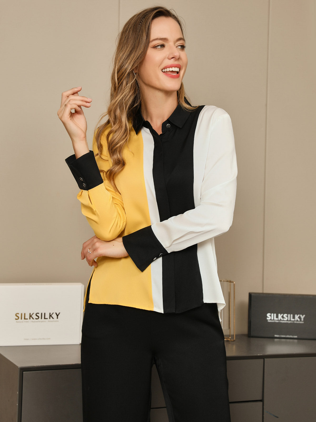 Silk Color Block Concealed Placket Shirt