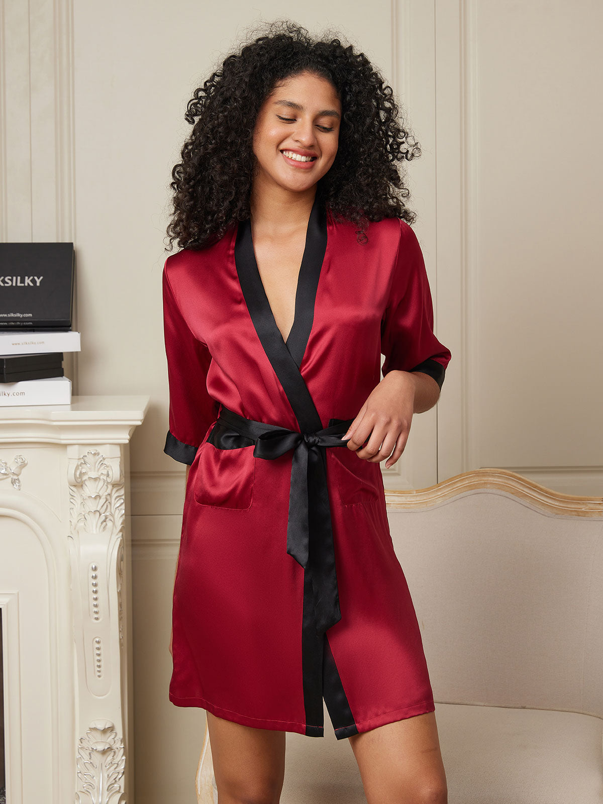 Pure Silk Solid Color Casual Belted Womens Robe