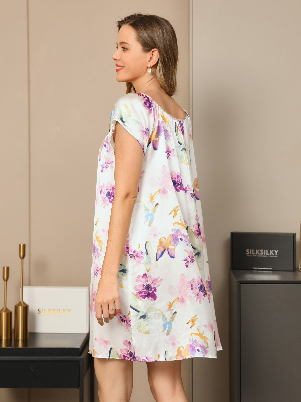 Pure Silk Floral Pattern Casual Cute Nightgown