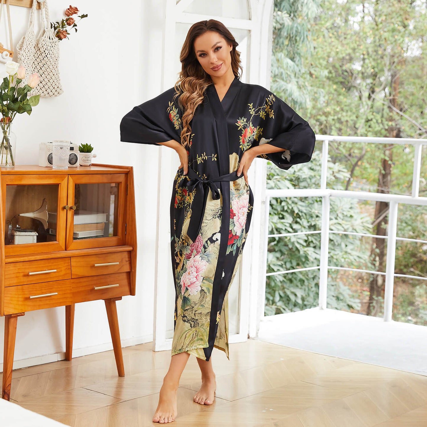 100% Mulberry Floral  Print pure Silk Kimono Robes for women Silk bathrobe