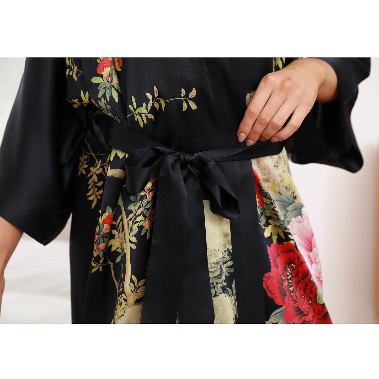 100% Mulberry Floral  Print pure Silk Kimono Robes for women Silk bathrobe