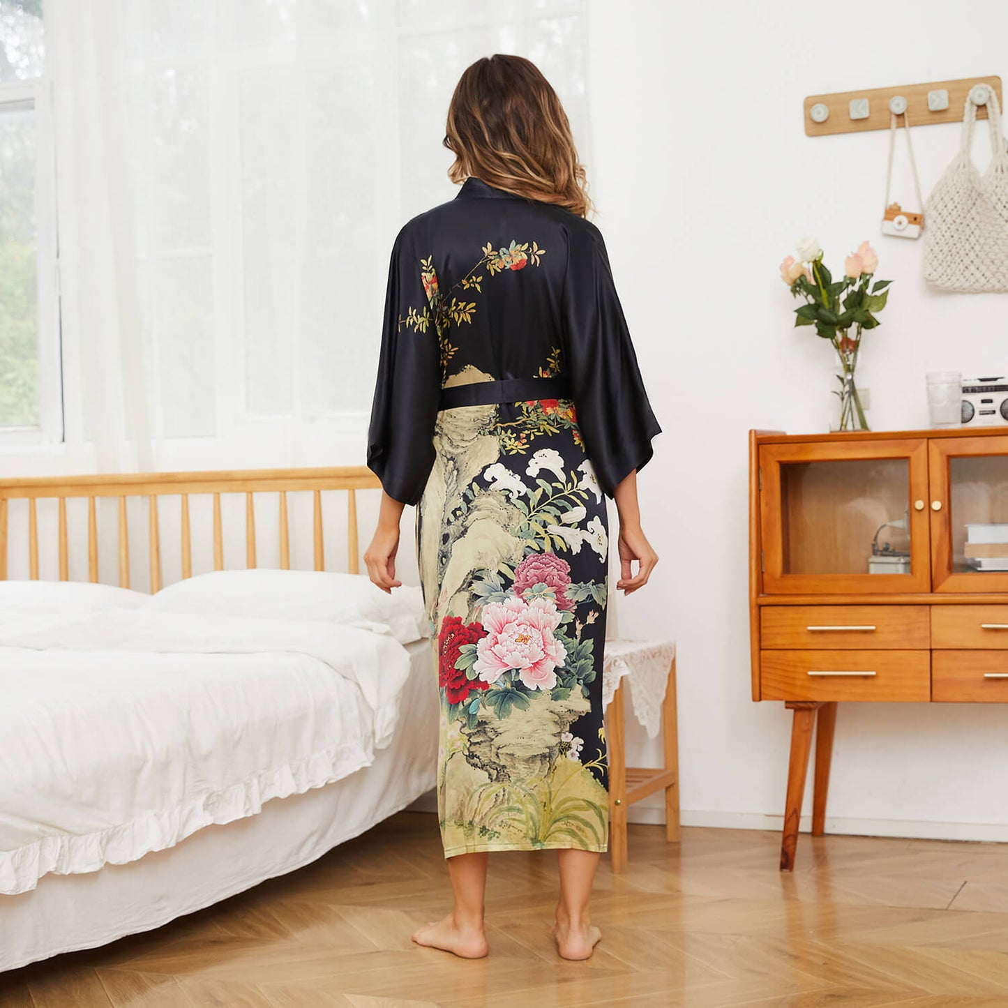 100% Mulberry Floral  Print pure Silk Kimono Robes for women Silk bathrobe