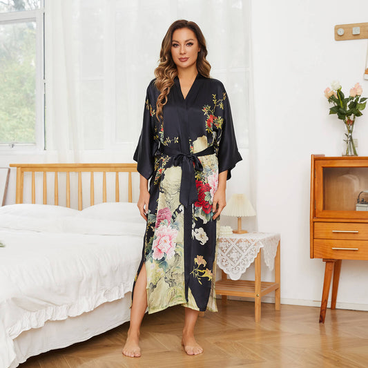 100% Mulberry Floral  Print pure Silk Kimono Robes for women Silk bathrobe