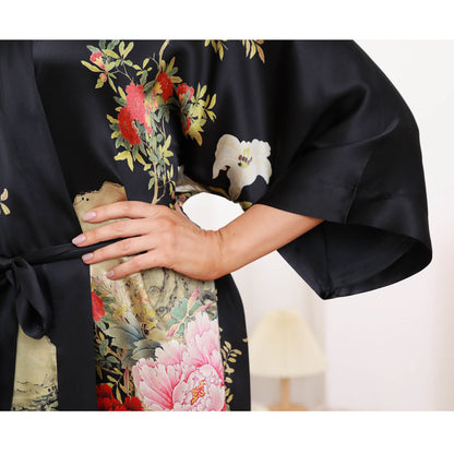 100% Mulberry Floral  Print pure Silk Kimono Robes for women Silk bathrobe