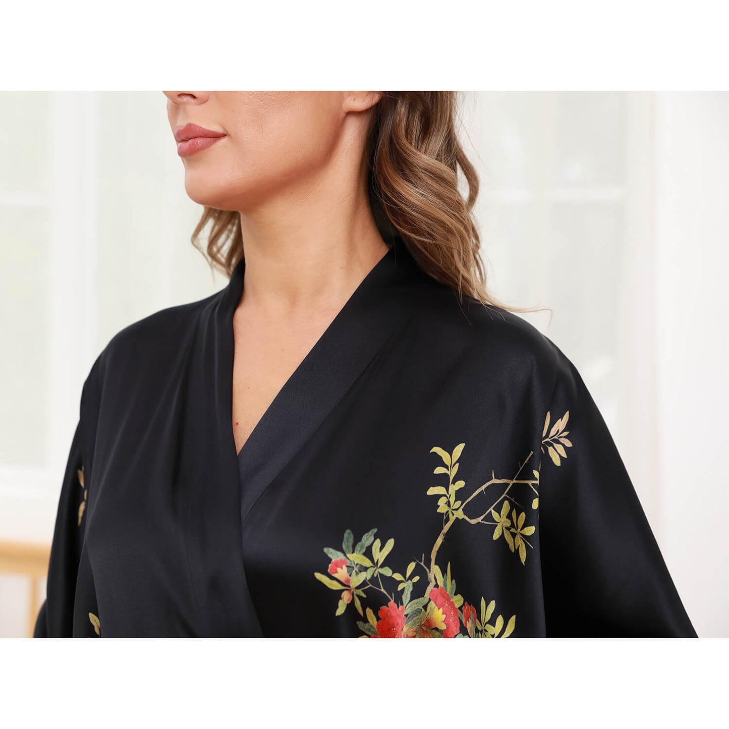 100% Mulberry Floral  Print pure Silk Kimono Robes for women Silk bathrobe