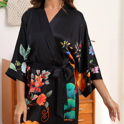 100% Mulberry Flower print Silk Kimono Robe