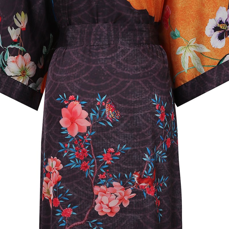 100% Mulberry Flower print Silk Kimono Robe