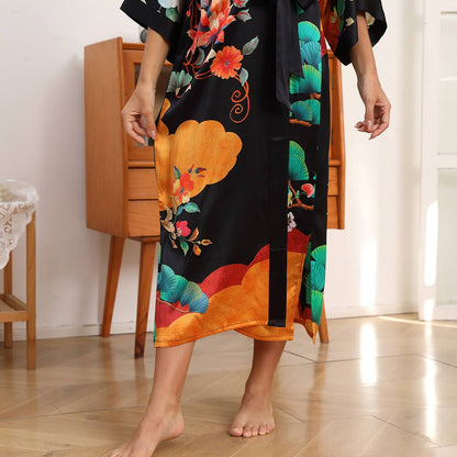 100% Mulberry Flower print Silk Kimono Robe