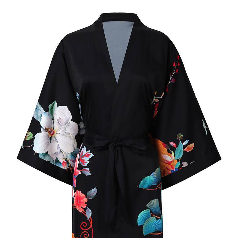 100% Mulberry Flower print Silk Kimono Robe