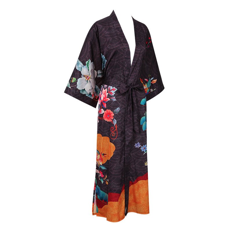 100% Mulberry Flower print Silk Kimono Robe