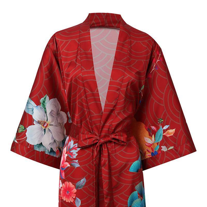 100% Mulberry Flower print Silk Kimono Robe