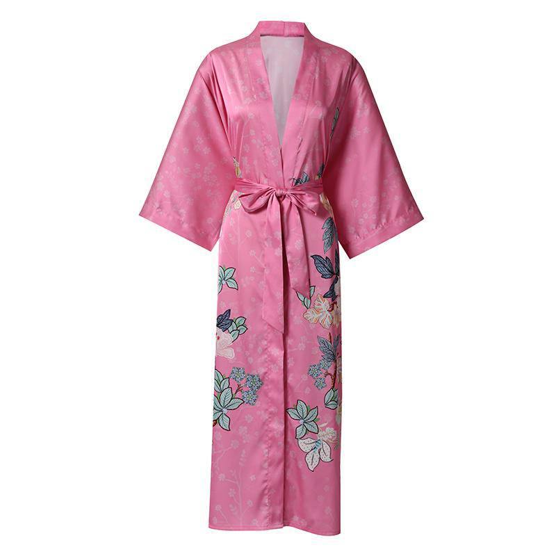 100% Mulberry pure 3/4 sleeve floral Silk Kimono Robe for women