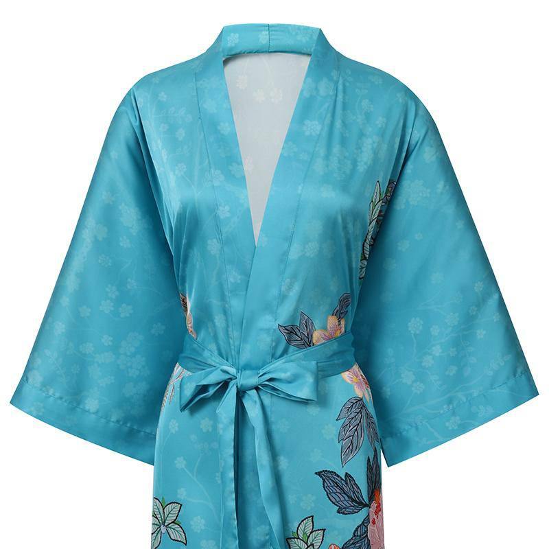 100% Mulberry pure 3/4 sleeve floral Silk Kimono Robe for women