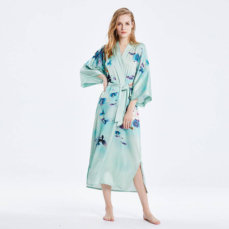 100% Mulberry pure women's long lotus prints silk kimono