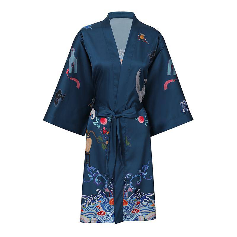 100% mulberry short crane and dragon print pure silk kimono robes