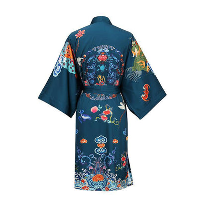 100% mulberry short crane and dragon print pure silk kimono robes