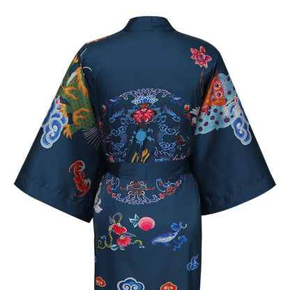 100% mulberry short crane and dragon print pure silk kimono robes