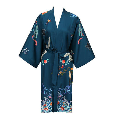 100% mulberry short crane and dragon print pure silk kimono robes