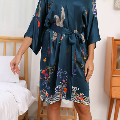 100% mulberry short crane and dragon print pure silk kimono robes