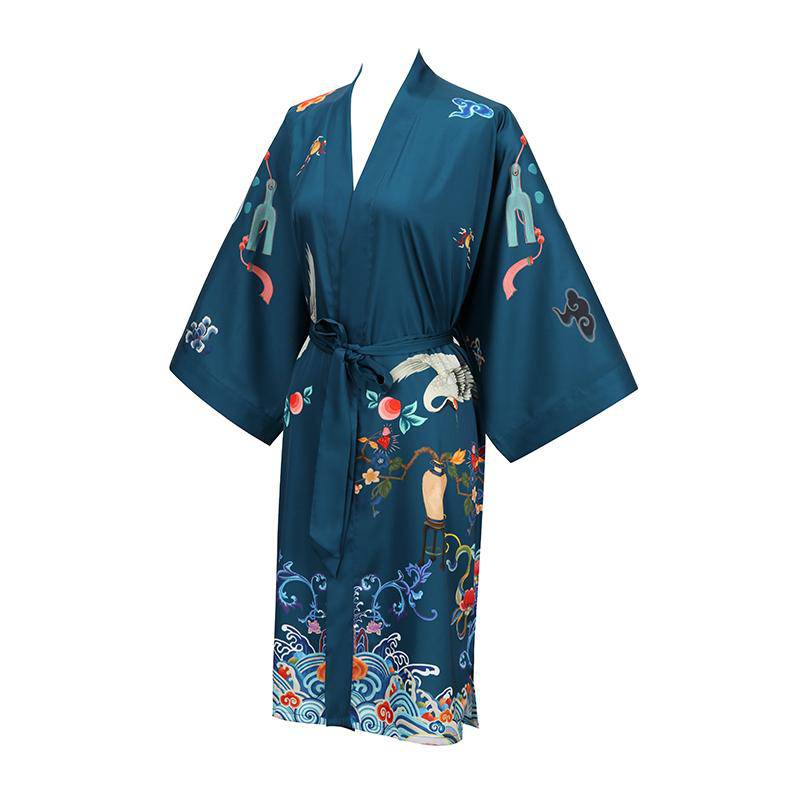 100% mulberry short crane and dragon print pure silk kimono robes