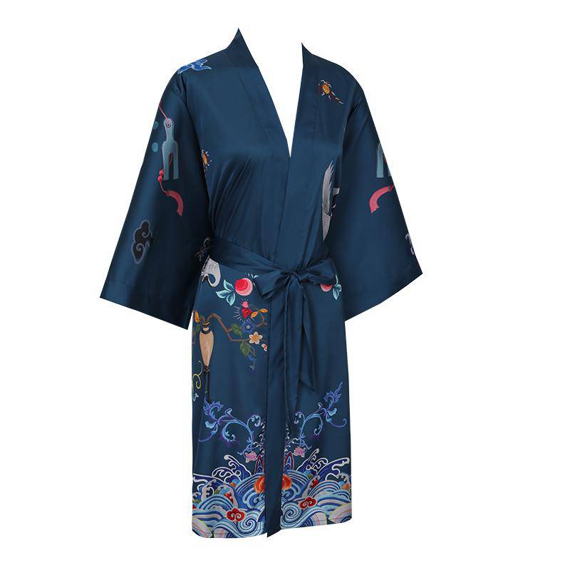 100% mulberry short crane and dragon print pure silk kimono robes