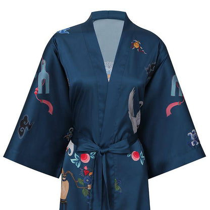 100% mulberry short crane and dragon print pure silk kimono robes